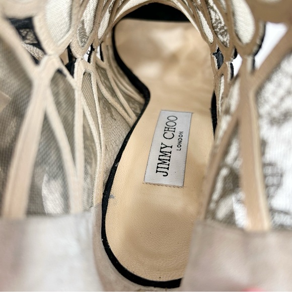 JIMMY CHOO Fauna Lace Suede Cage Heeled Sandal in Black - Picture 8 of 12